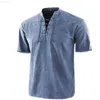 Men's T-Shirts Men Gothic Retro T-Shirt Lace-up V-neck Linen Pocket Short Sleeve Tee Shirt Loose Tops New Fashion Men T-shirt L230715