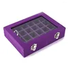 Jewelry Pouches Purple 24 Slot Velvet Glass Box Organizer Rings Earrings Tray Display Storage Case