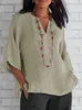 Camicia casual allentata tinta unita in cotone lino con scollo a V estivo da donna