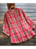 Blusas de mujer 4 colores -- Lamtrip Retro Plaid suave hilo de algodón manga corta linterna cuello levantado camisa Top Mori Girl 2023 verano