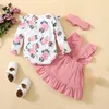 Ensembles de vêtements Né bébé fille vêtements 3 pièces coton impression florale à manches longues col rond barboteuse dentelle jarretelle jupe chapeaux 0-24M