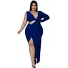 Robes grande taille WUHE femmes robe de soirée mi-longue côté haut fendu froncé une manches longues découpé épaule col en v moulante Maxi