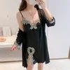 Women's Sleepwear Summer Pink Robe Set Women Nighty&Robe Lace Trim Kimono Gown Faux Silk Sleep Female 2PCS Nightwear Home Clothing