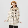 Autumn and winter women's lapel check cashmere long trench coat, horn buckle fashion casual, cashmere soft and comfortable inside.