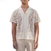 Men's Casual Shirts Luxury Men's Clothing Sexy Transparent Embroidery Mesh Lace Shirts Vintage Buttoned Lapel Short Sleeve See Through Shirt Men Y2K L230715