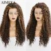Podświetl Blondynki Curly Peruki dla czarnych kobiet Syntetyczne włosy koronkowe przednią perukę naturalną mieszankę linii włosów blondynowaną niebieską koronkową perukę 230524