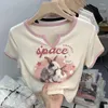 Women's T Shirts Y2K Patchwork Kawaii Print Tshirt Summer Short Crop Tops Sweet Camisetas Korean Shirring Tees O Neck White