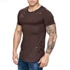 Men's T-Shirts Summer Men Cotton Ripped T-Shirt Fashion Solid Color Slim Fit O-Neck Short Sleeve Tshirts Tops Sports Fitness Club Pullover Tees L230715