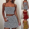 Summer Women Two Piece Dress Outfits Skirt Set Flocking Black White Stripes Pattern Spaghetti Strap Cropped Top and Mini Dresses Red Blue Green