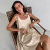 Damen-Nachtwäsche, Sommer, Khaki, Leinen, Nachtkleid, Damen, elegant, Spaghettiträger, A-Linie, lockeres Schlafkleid, modisch, gerüscht, Schnürung, Mini, sexy