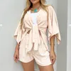 Stylish Casual Suit Women's Two Piece Sets Slit Style 3/4 Sleeve Cardigan Top Chiffon shirt Drawstring Shorts Plus Size S- XL