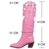 Stivali AOSPHIRAYLIAN Stivali da cowboy alti al ginocchio a forma di cuore rosa per le donne Retro Patchwork Cucito Stivali occidentali floreali Scarpe 230714