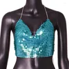 Vrouwen Tanks Vrouwen Y2k Glanzende Metallic Pailletten Cropped Tops Party Rave Sexy Laag Uitgesneden Ruglooze Halter Clubwear Luxe Mode Vrouwelijke Tank Top