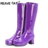 Stövlar Reave Cat Autumn Candy Sweet Knee-High Boots Round Toe Square Heel Pu Zipper Big Size 33-46 Yellow Green Purple Orange S1981 230714