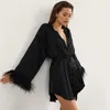 Ropa de dormir para mujer, albornoces de plumas, minivestido Sexy de satén, batas sueltas para mujer, bata blanca para boda, vestidos de novia negros, ropa de noche