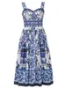 Urban Seksowne sukienki Summer Hoiday Niebiesko -biały porcelanowy kwiat Bawełniany Dres Spaghetti Pasek zamek błyskawiczny