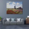 Handmade Canvas Art Fields of Tulip with The Rijnsburg Windmill Claude Monet Painting Countryside Landscapes Office Studio Decor