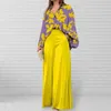 Women's Two Piece Pants Bohemian Print Shirt Set Stylish 2-piece Lapel Leaves For Office Outfit Long Sleeve High Waist Wide