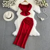 Work Dresses Sexy Two Pieces Sets Chic Sweet Pleated Asymmetric O-neck Top With High Waist Wrap Skirt Beach Vacation