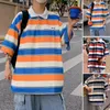 T-shirty T-shirty w paski pary dla mężczyzn i kobiet klapy guziki na pół rękawie dekolty