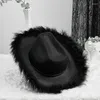 Берец пушистый отделка ковбойская шляпа для взрослых в западном стиле Wide Wide Brim Cowgirl Cap