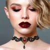 Choker Black Lace Necklace Royal Court Vampire With Red Rhinestone And Teardrop Pendant Costume Jewelry For Women