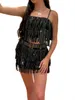 tweedelige jurk zomer 2 stuks outfit sets mouwloos pailletten sling vest kwastje mini rok met riem 230715