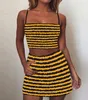 Summer Women Two Piece Dress Outfits kjol Set Flocking Black White Stripes Mönster Spaghetti Rem Croped Top och Mini Dresses Red Blue Green