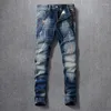 Jeans pour hommes mode Streetwear hommes rétro bleu broderie concepteur élastique Slim Fit déchiré patché Vintage Denim pantalon Hombre