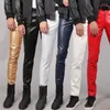 Men's Pants Pure Color Men Faux Leather Black White Red Youthful Vitality Dance Party Bar Casual Small Elastic Trousers