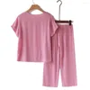 Calça feminina de duas peças com estampa floral conjunto de pijama blusa de meia-idade para mãe cortada confortável roupa diária com elástico plissado