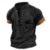 Men's T-Shirts Vintage Men's V-Neck T-shirts Short Sleeve Viking Front Lace Up Tees Shirt Casual Blouse Summer Fashion Thin Tshirt Man Tops L230715