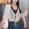 Women's Sweaters Women V-Neck Lace-Up Front Long Sleeve Cardigan Crop Top Hollow Out See Through Fishnet Mesh Shirts Thin Cover Up Jacket