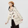 Autumn and winter women's lapel check cashmere long trench coat, horn buckle fashion casual, cashmere soft and comfortable inside.