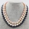 Chains Hand Knotted 3 Row Necklace Natural 9-10mm White Black Pink Freshwater Rice Pearl Sweater Chain Nearly Oval 17-19inch