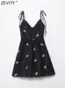 Vestidos atractivos urbanos Zevity Mujeres Moda Cuello en V Bordado floral Negro Sling Mini vestido Mujer Chic Cremallera lateral Volver Elástico Vestidos de verano DS2047 230714