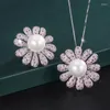 Necklace Earrings Set EYIKA Luxury Big White Pearl Sun Flower Wedding Party Fine Jewelry Silver Color Mix Rose Red Zircon Pendant Ring