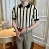 Men's T-Shirts Summer Knitting Polo Shirt Men Casual Short Sleeve Turn-down Collar Zipper Vintage Stripe Slim Tops Ice Silk Knitwear T-shirts L230715