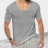 Camisetas masculinas vintage com decote em V manga curta malha suéter 2023 primavera verão casual slim fit camiseta pulôver tops roupas masculinas L230715