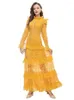 Vestidos casuais de luxo moda verão senhoras elegantes ocas meninas de festa vintage de alta qualidade sexy amarelo vestido de renda de manga comprida