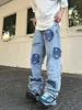 Calças masculinas primavera outono jeans hip-hop perna larga jeans lavado casual solta reta unissex