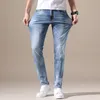 Pantalones vaqueros de marca OUSSYU para hombre, ropa vaquera azul claro elástica de alta calidad, pantalones pitillo con bolsillo Retro plisados a la moda, pantalones 28 40 230715