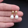 Серьги -грибы 1PAIR 925 Серебряные серебряные шпильки натуральные пресноводные белые жемчужины капли CZ Кубическая циркония женщин свадебная мода