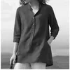 Kvinnors polos damer toppar 2023 Summer Casual Solid Color Stand Collar Cotton Linen Polo Shirt With Three-Quarter Sleeves Mujer