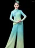 Vêtements de scène Style chinois classique taille nationale tambour Costumes de danse bleu Yangko vêtements traditionnel Oriental ventilateur