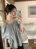 Women's Blouses Off Shoulder Simple Summer Shirt For Women Pleated Design French Blouse Ladies Elegant Loose Stylish Short Sleeve Tops 27831