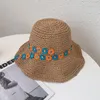 Wide Brim Hats Korean Straw Hat Women's Summer Beach Flower Foldable Bucket Cap Sun Protection Big Eaves Seaside Vacation Woven Caps