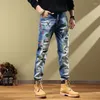 Jeans pour hommes 2023 Vintage broderie européenne et américaine imprimé rayé coupe ajustée élastique Leggings hommes maigres