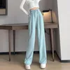 Women's Pants 2023 High Waist Drawstring Design Light Blue & Capris Loose Thin Wide Leg Casual Streetwear Mopping Q785