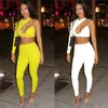 Women's Two Piece Pants Yellow White Set Sexy Night Club Outfits For Women One Shoulder Cut Out Asymmetric Crop Top Pencil Suit Female